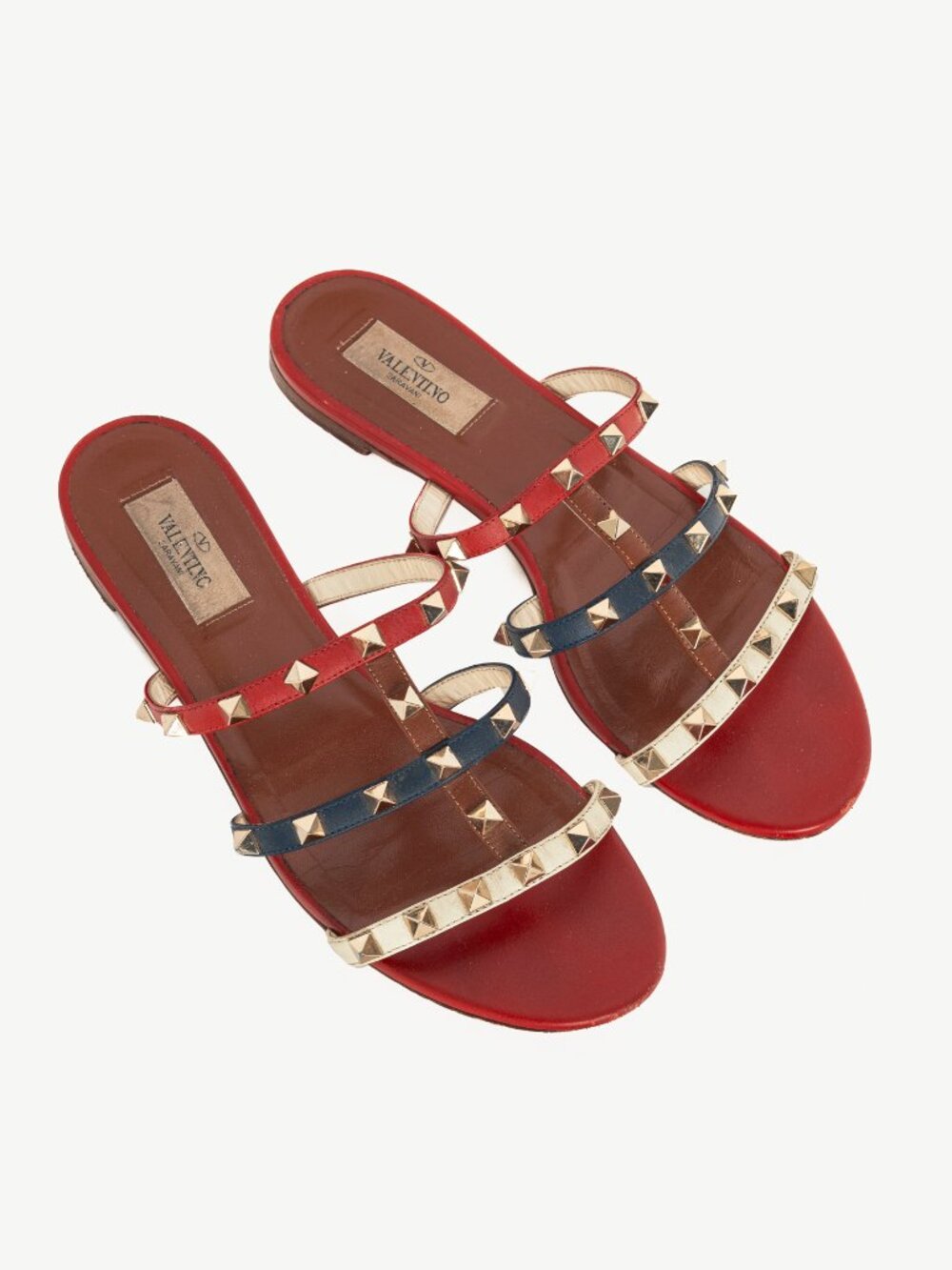 Valentino Garavani Navy, Red & White Rockstud Flat Mule Sandals
